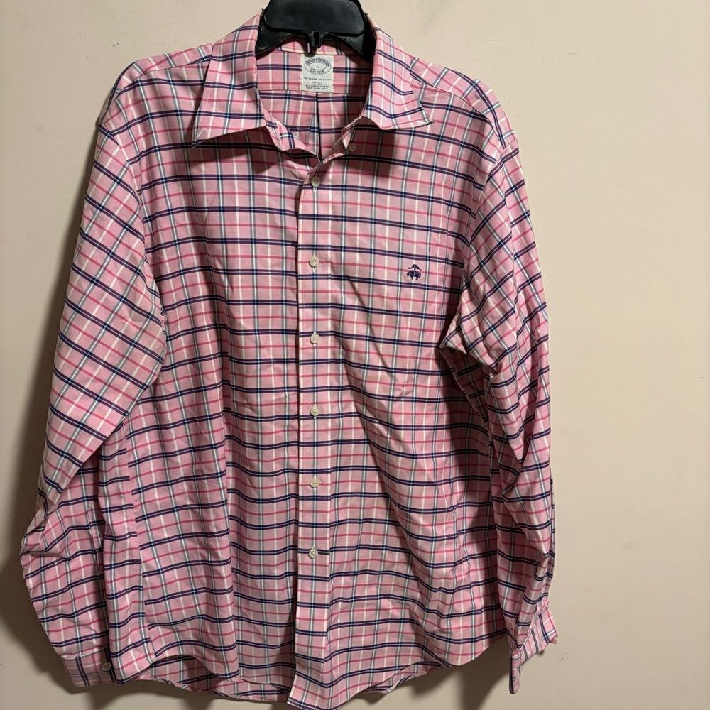 Brooks Brothers Slim Fit Gingham Pink Striped Plaid Long Sleeve- Size Large